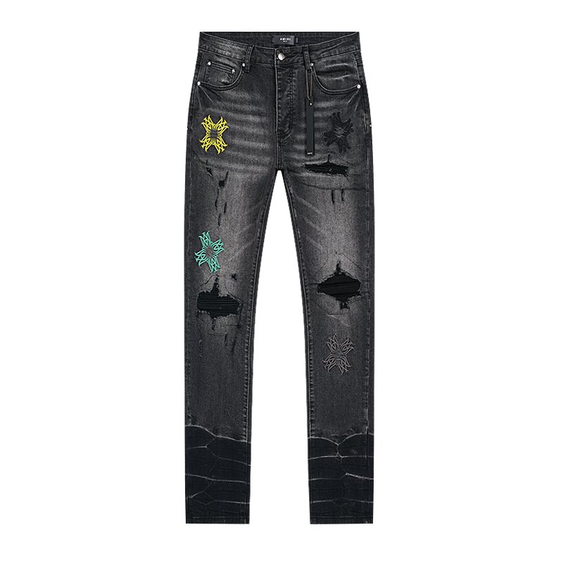 AMIRI Black Distressed Embroidered Jeans ¡ª front