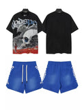 Godspeed Skull Graphic T-Shirt and Blue Shorts Set ¡ª front